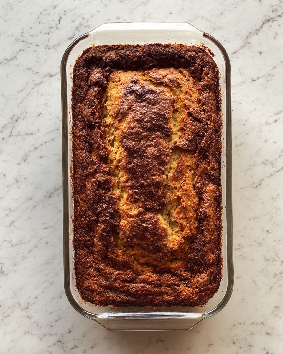 A rectangular white baking dish filled with a single-layer cake that has a rough, uneven top surface with a mixture of dark brown and golden brown colors showing areas of crispiness and softness. The edges are darker and look slightly crisp, while the center has more golden brown patches with some cracks. The dish sits on a white marbled surface that has subtle gray veining, creating a clean and simple background. Photo taken with an iphone --ar 4:5 --v 7
