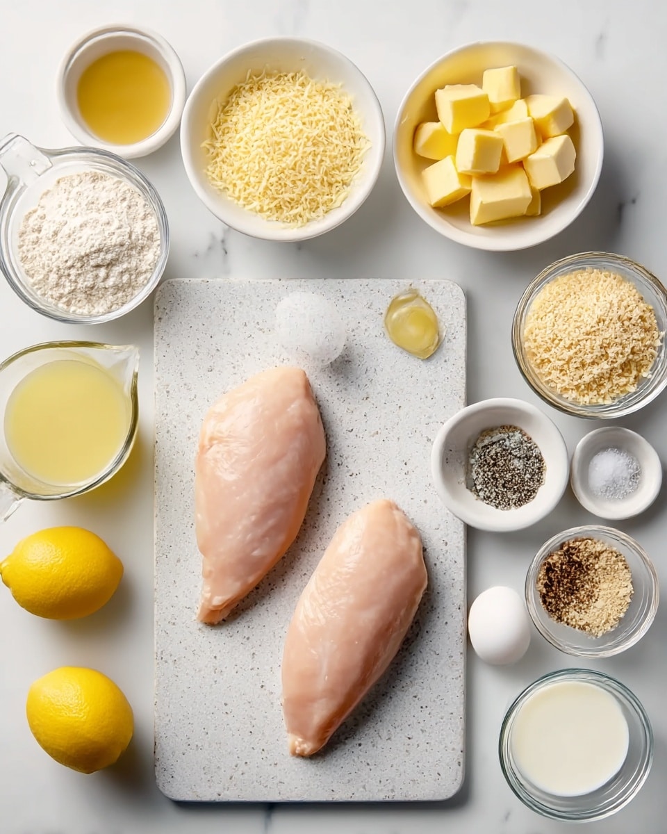 The image shows two raw chicken pieces placed on a light gray cutting board with speckled texture, located on the right bottom. Surrounding the board are small white bowls and clear glass containers holding different ingredients: a white bowl with yellow butter cubes, a white bowl with fine yellow grated cheese, a white bowl of light brown breadcrumbs, a white bowl with yellow mustard, a small white bowl with garlic, and small clear bowls with salt and black pepper. There is one whole white egg near the butter bowl. A bright yellow lemon sits at the bottom left. Clear measuring cups hold light yellow oil, light yellow broth, and white milk. A small white bowl with white flour is also placed on the left. All these items are arranged neatly on a white marbled surface. Photo taken with an iphone --ar 4:5 --v 7