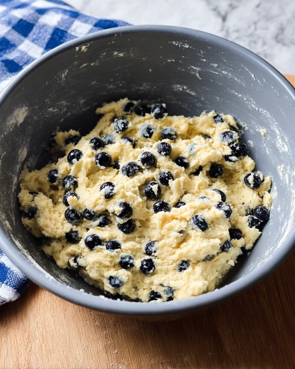 A grey mixing bowl filled with light yellow dough that is thick and textured, mixed with many dark blue blueberries spread evenly throughout. The bowl sits on a wooden surface next to a blue and white checkered cloth, with a white marbled background visible. The dough looks soft and slightly sticky, and the blueberries add a contrasting smooth, round shape to the rough dough texture photo taken with an iphone --ar 4:5 --v 7