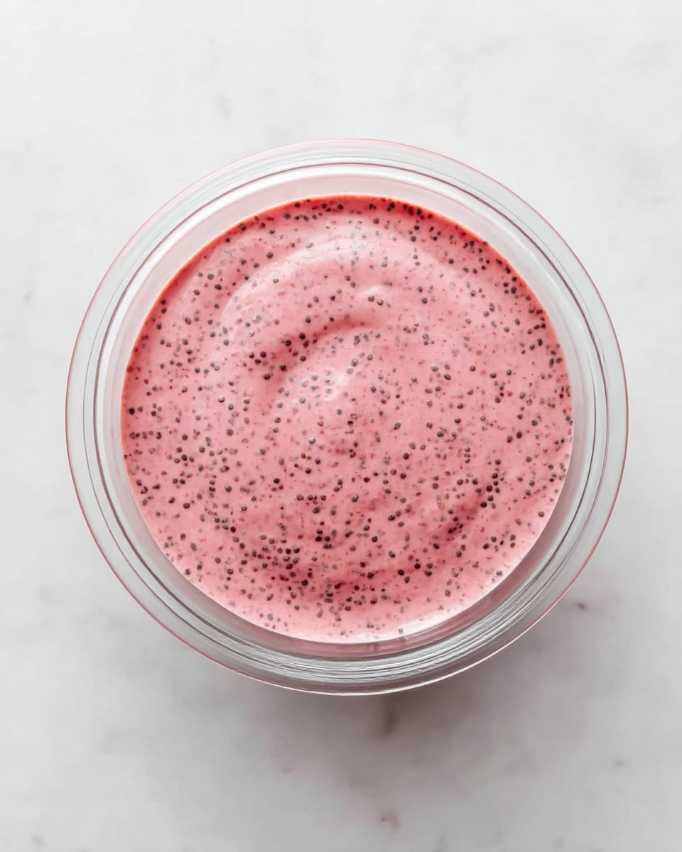 A clear glass bowl filled with a smooth, creamy pink mixture that has many small black chia seeds spread evenly throughout the surface. The mixture fills most of the bowl and has a slightly uneven top with a few soft swirls, showing its thick texture. The bowl is placed on a white marbled surface, and the photo is taken from above, centered perfectly on the bowl. photo taken with an iphone --ar 4:5 --v 7