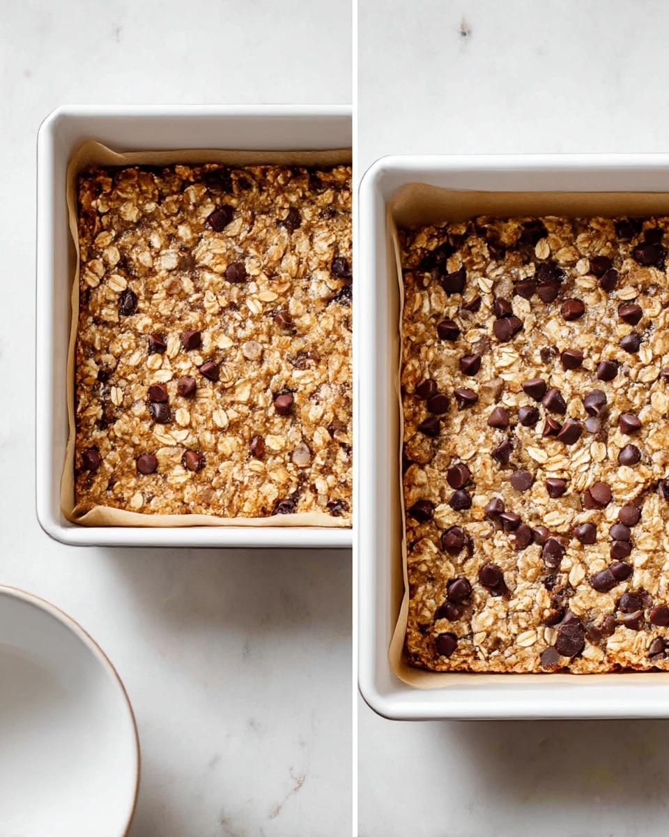 The image shows two square white pans with baked oat bars topped with scattered chocolate chips. Each pan has a single thick layer of golden-brown oat mixture that looks chewy and textured with visible oats and chocolate chip pieces spread evenly on the surface. The pans are placed on a white marbled textured surface, and part of a white bowl is visible in the bottom left corner of the first pan image. The oat bars have a slightly rough and uneven top texture, with some darker spots where the chocolate chips are melted or softened. photo taken with an iphone --ar 4:5 --v 7