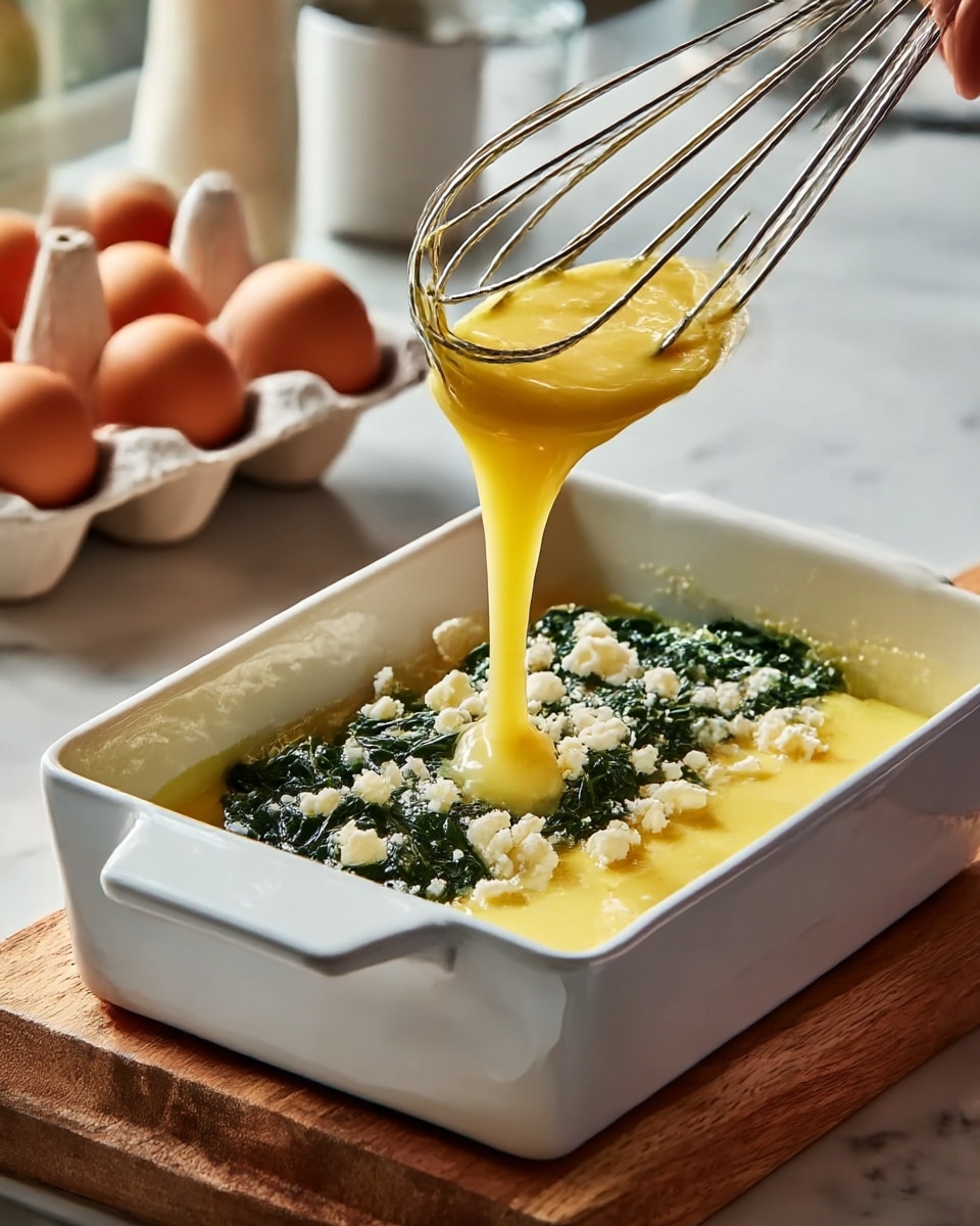 A white rectangular baking dish sits on a wooden board with three visible layers inside: the bottom layer is a smooth light yellow egg mixture, the middle layer is dark green cooked spinach spread evenly, and the top layer is white crumbly cheese scattered across the spinach. Above the dish, a metal whisk held by a woman's hand pours a thick yellow liquid over the layers, mid-pour, with some sauce visibly flowing down. The background shows brown eggs in a carton and out-of-focus kitchen items on a white marbled surface. photo taken with an iphone --ar 4:5 --v 7