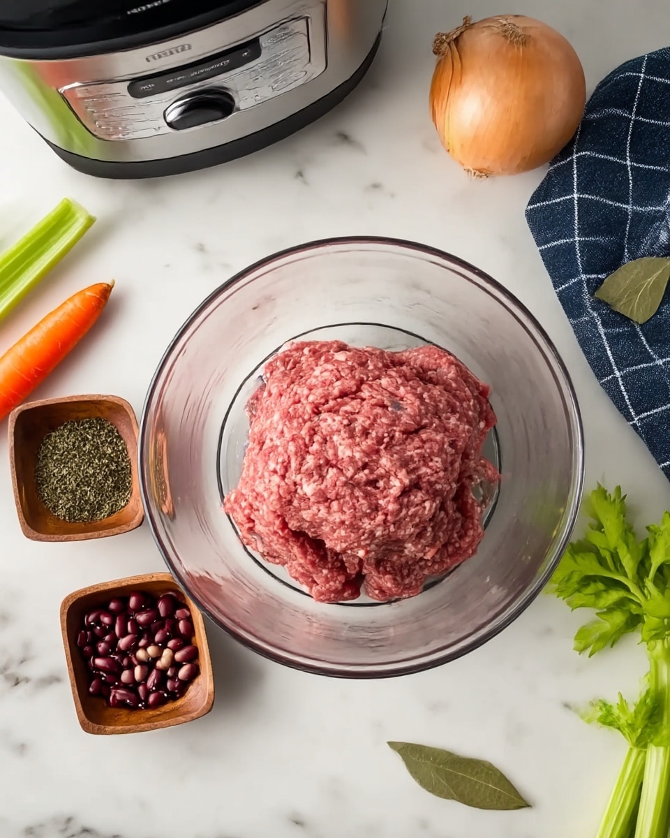 A clear glass bowl is filled with a large mound of raw ground meat, dark pink with a slightly coarse texture, sitting in the center of a white marbled surface. Surrounding the bowl are three small square wooden bowls; one holds dark green dried herbs, another is full of small light beige beans, and the third contains small dark red beans soaked in water. To the left, a bright orange carrot rests near fresh green celery stalks. At the top right of the image, a whole light brown onion sits alone beside a small pile of bay leaves. Part of a modern silver and black kitchen appliance is visible in the upper left corner, and a dark blue and white checkered cloth is positioned on the right side. The whole scene is bright with natural light, focused from above. photo taken with an iphone --ar 4:5 --v 7