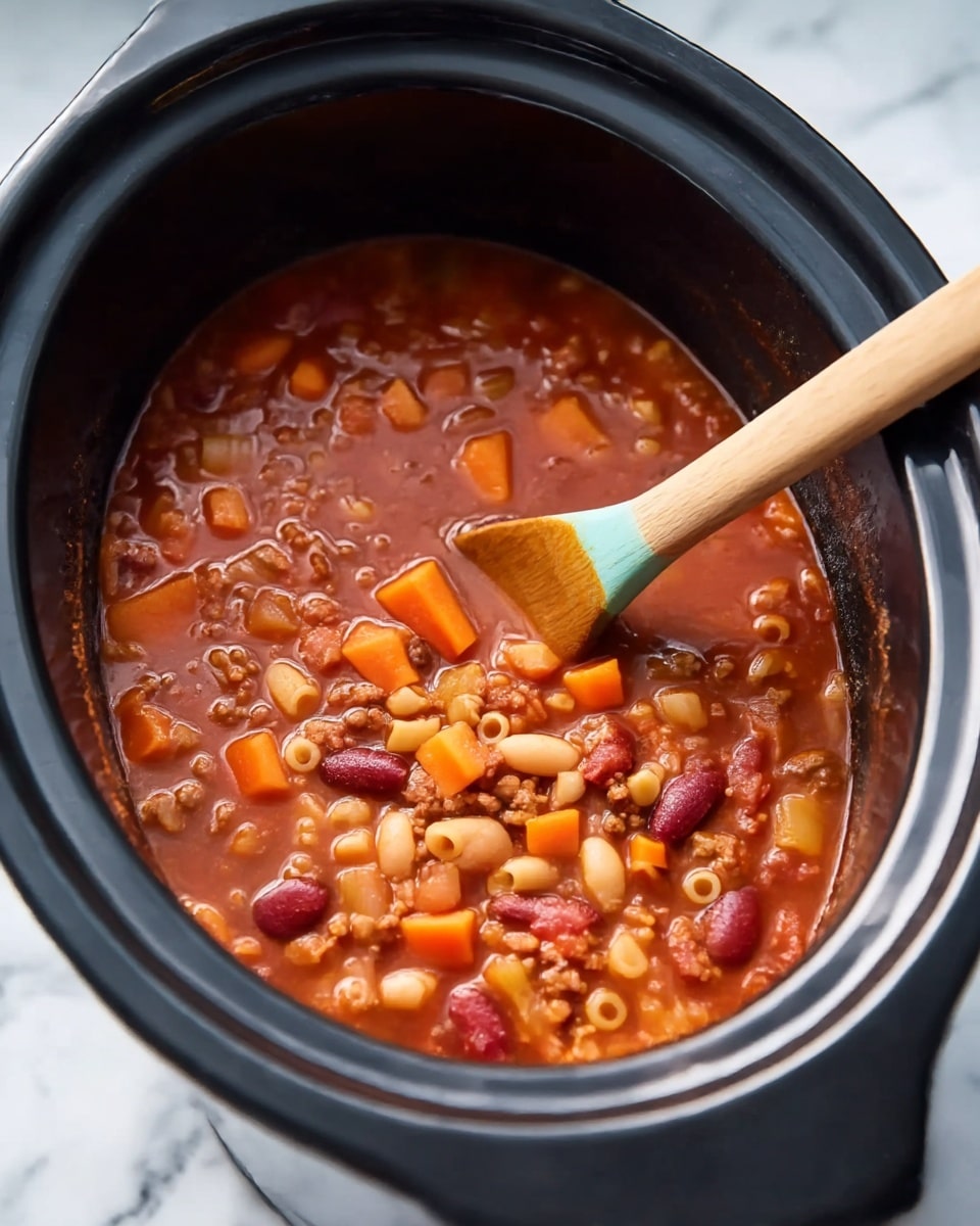 A close-up view of a black slow cooker filled with thick red stew that has many small pieces of ingredients. The stew shows chunks of orange carrots, light yellow celery, white beans, red kidney beans, small brown meat bits, and small tubular pasta, all mixed in a rich tomato broth. A wooden spoon with a light blue tip rests inside the slow cooker, partially stirring the stew. The slow cooker sits on a white marbled surface. photo taken with an iphone --ar 4:5 --v 7