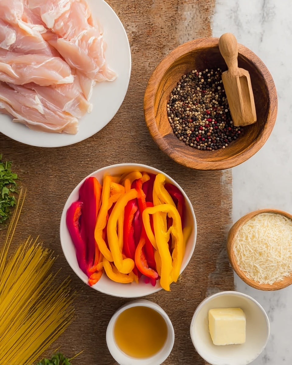 The image shows a wooden table with several small bowls and plates holding cooking ingredients. In the center, there is a white bowl filled with thin strips of red, yellow, and orange bell peppers, arranged side by side. To the upper left, slices of raw chicken sit on a white plate. Above this, there is a round wooden bowl filled with mixed peppercorns and a small wooden scoop resting inside. To the right of that, another wooden bowl holds coarse salt. Below the peppers, a white plate contains grated cheese or breadcrumbs. Next to that, another small white bowl has a light brown liquid, likely broth, and a tiny bowl with a piece of butter sits nearby. In the bottom left corner, some green herbs and uncooked spaghetti strands are visible against the wood surface, which contrasts with the white marbled texture background. A woman's hand is partly in the frame near the chicken. Photo taken with an iphone --ar 4:5 --v 7