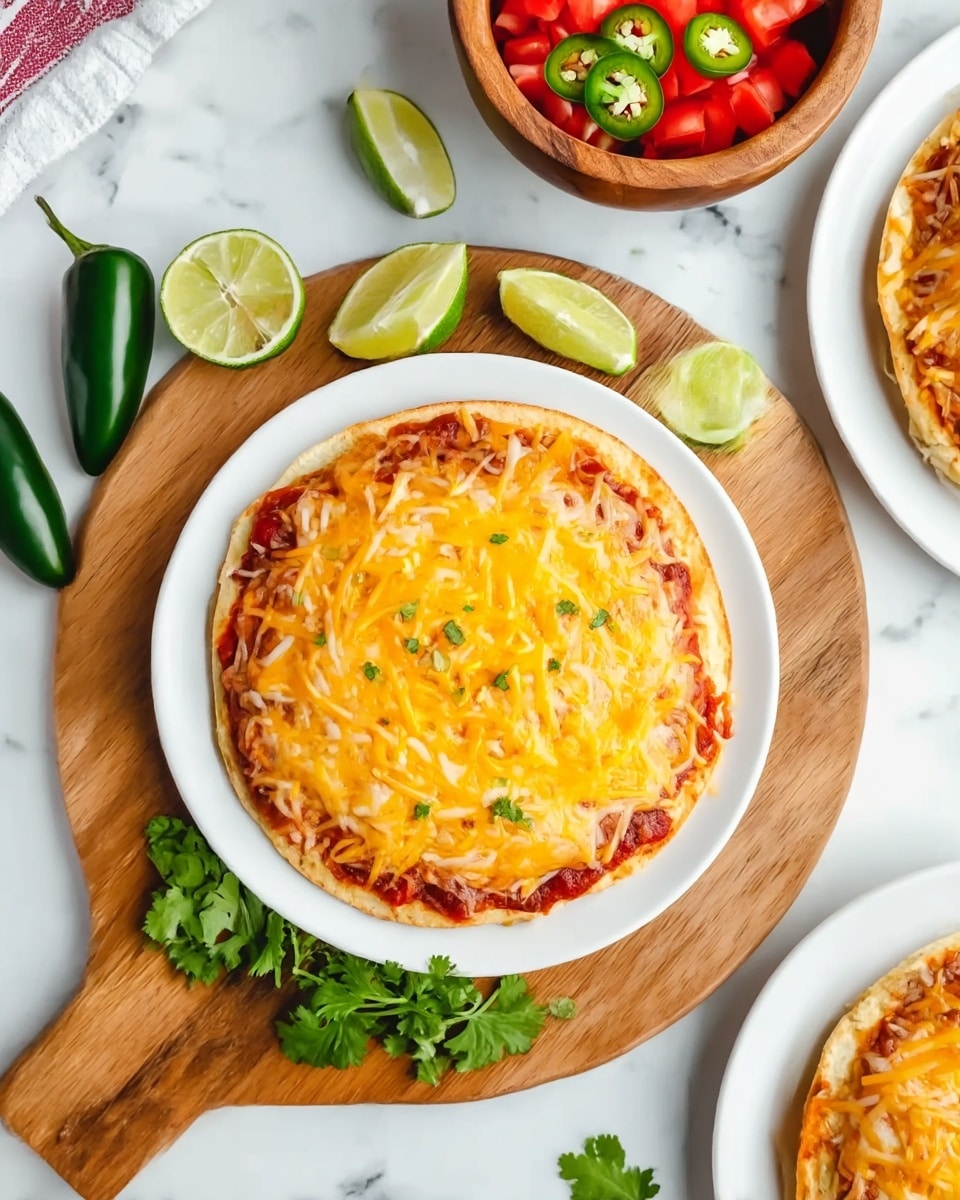 The image shows a single round dish on a plain white plate, placed on a wooden round cutting board. The dish has a base layer that looks like a tortilla or flatbread, followed by a layer of red sauce, then topped with a thick layer of melted yellow and orange shredded cheese covering the entire surface evenly. Around the plate on the cutting board are garnishes including several lime wedges positioned at the top, two whole green jalapeños to each side, and fresh green cilantro at the bottom. In the background on the white marbled surface, there is a small wooden bowl filled with chopped red tomatoes and a few slices of jalapeños scattered nearby. Part of another similar cheesy dish sits at the top right corner on a white plate. Photo taken with an iphone --ar 4:5 --v 7