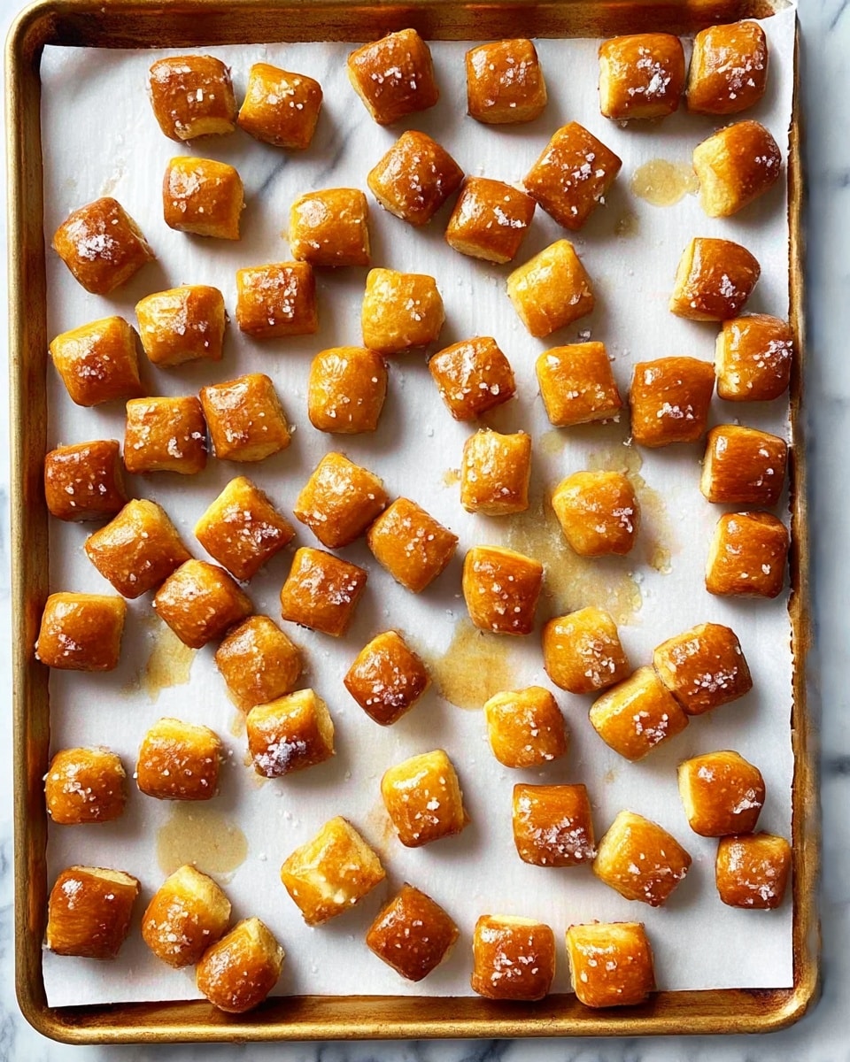 A tray filled with many small, square pretzel bites arranged in loose rows on white parchment paper, each bite golden brown with a shiny surface and lightly sprinkled with coarse salt; the tray shows some browning and a few oil spots on the parchment. The background is a white marbled surface. Photo taken with an iphone --ar 4:5 --v 7
