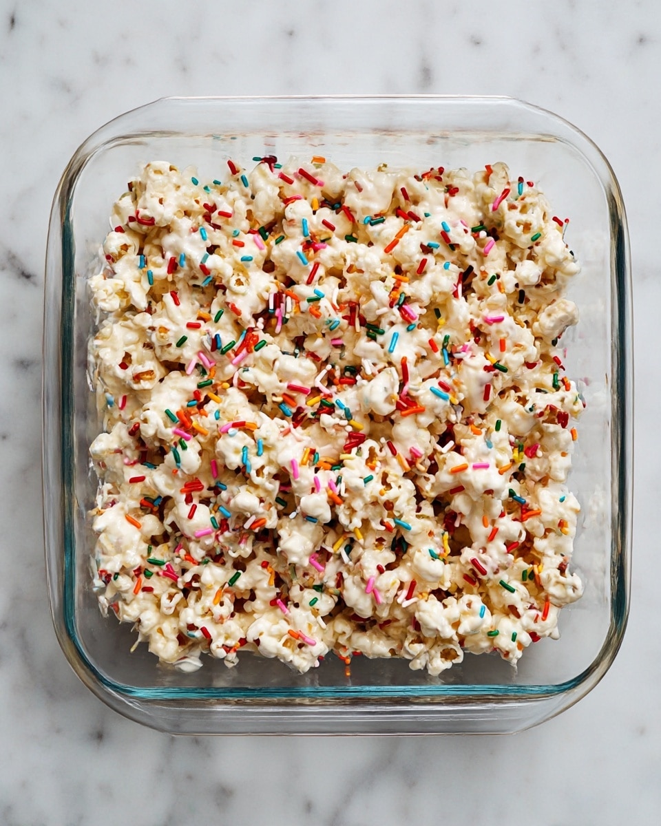 A clear square glass dish holds a single thick layer of popcorn coated in a white, sticky sauce that pulls thin strings between the pieces. The popcorn is sprinkled evenly with small, colorful rod-shaped sprinkles in red, orange, yellow, green, blue, pink, and purple. The dish is on a white marbled surface, with the popcorn filling the dish almost to the edges photo taken with an iphone --ar 4:5 --v 7