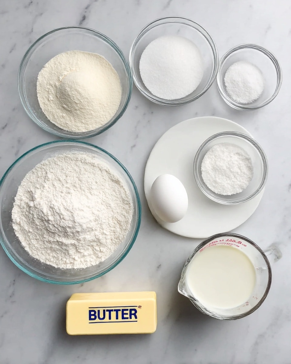 The image shows seven ingredients arranged neatly on a white marbled surface: a large glass bowl at the bottom left filled with white flour with a small mound in the center, a medium glass bowl above it containing a white powdery substance, a small glass bowl with white granulated sugar next to it, another small glass bowl with fine white powder on the top right, a white plate holding a single white egg, a yellow stick of butter labeled