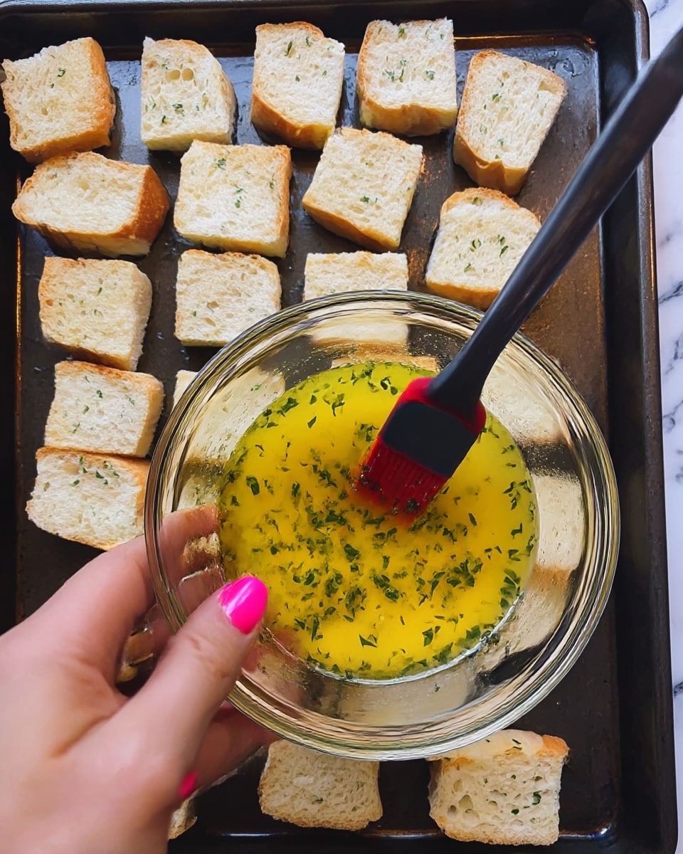 A woman's hand with pink nails holds a clear glass bowl filled with a yellow butter mixture that has green herbs inside, along with a black and red brush resting in the bowl. Below the bowl, a dark baking tray is filled with square slices of bread arranged in rows. The background is a white marbled texture. photo taken with an iphone --ar 4:5 --v 7