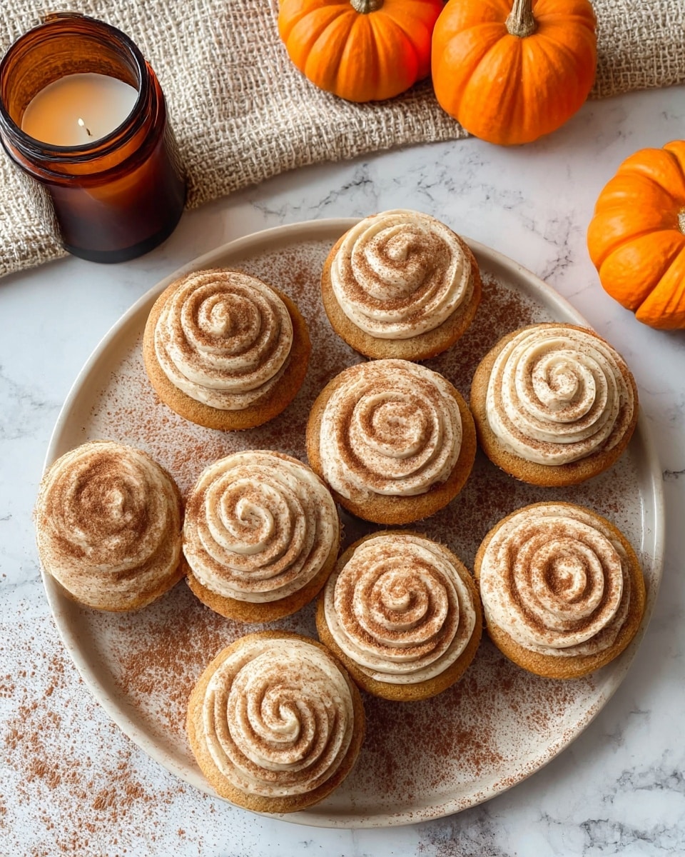 A round beige plate with seven light brown cupcakes arranged in a circle on a white marbled surface. Each cupcake has one thick layer of creamy light tan frosting on top, applied in a swirl pattern, and dusted evenly with cinnamon powder. Around the plate, the white marbled surface has a light dusting of cinnamon powder as well. In the background, there is a dark amber glass jar candle and three small orange pumpkins on a beige woven cloth. Photo taken with an iphone --ar 4:5 --v 7