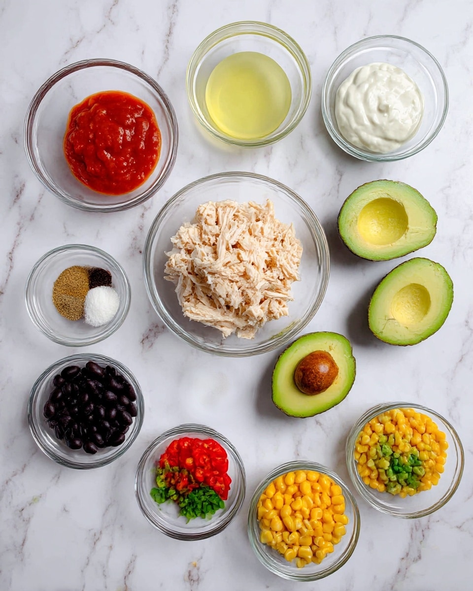 The image shows nine small clear glass bowls and two avocado halves arranged on a white marbled surface. In the center is a bowl with light beige shredded chicken. Clockwise from the top are a bowl with red sauce, a bowl with light yellow lime juice, a bowl with white thick yogurt, a bowl with black beans, two avocado halves with green inside and dark brown spots, a small bowl with four spices (white, black, red, brown), a bowl with red chopped peppers, a bowl with chopped green herbs, and a bowl with yellow corn kernels. The colors vary from bright red, green, yellow, black, beige, and white, with textures including creamy, chunky, and whole beans. photo taken with an iphone --ar 4:5 --v 7
