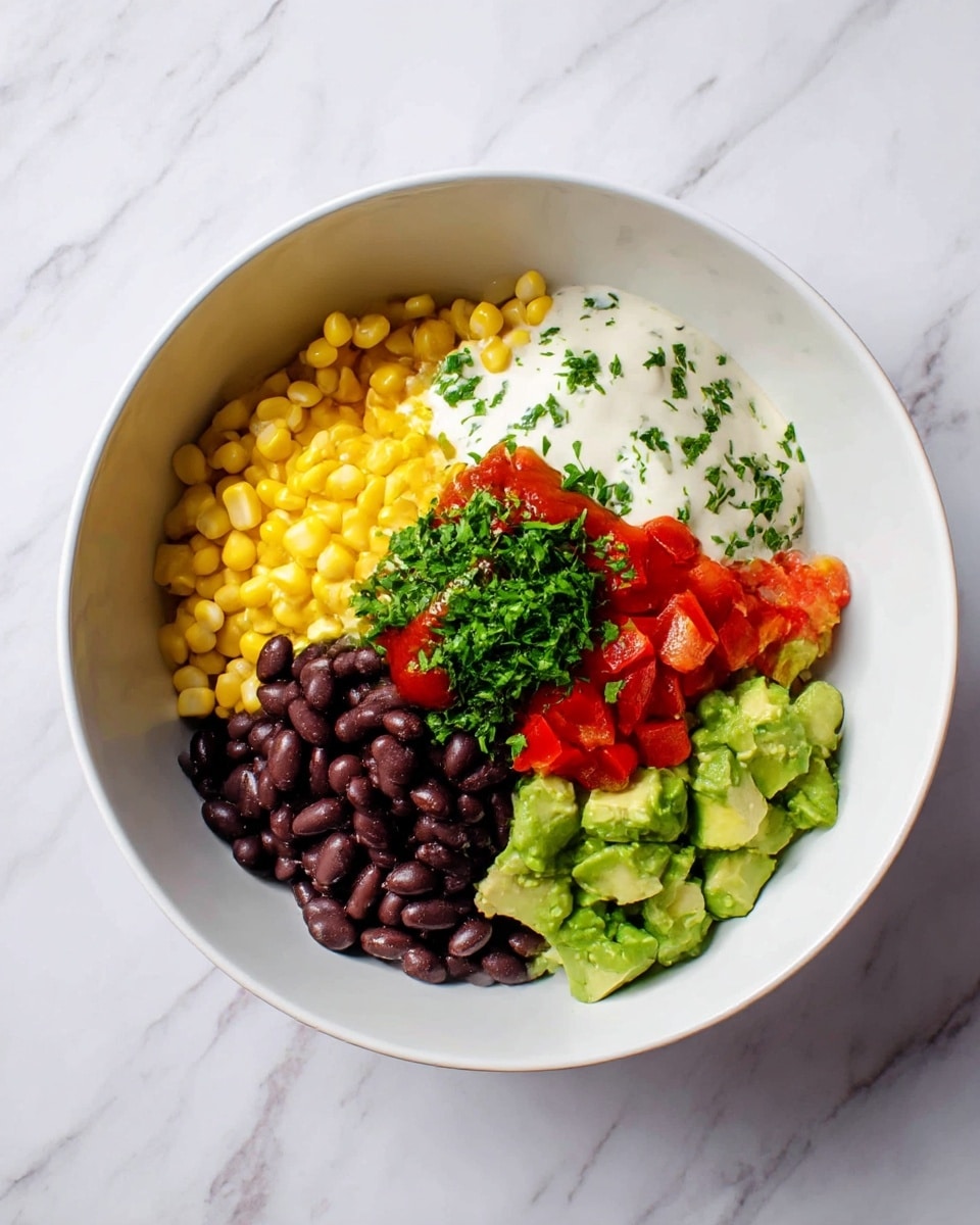 A white bowl with five distinct layers of food on a white marbled surface. Starting from the left, there is bright yellow corn, next to it is a smooth white creamy layer with small green herb pieces, beside that is finely chopped red bell pepper, followed by diced chunky green avocado, and in front is a pile of dark brown shiny black beans. Over the middle, there is a small splash of red hot sauce and a sprinkled layer of chopped green herbs, all arranged neatly without mixing. Photo taken with an iphone --ar 4:5 --v 7