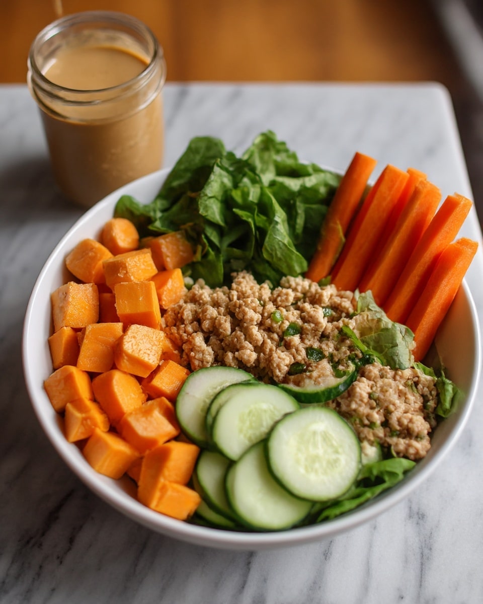 The image shows a white bowl filled with five different layers arranged side by side. One layer has medium-sized, bright orange cubes with a soft texture. Next to it is a layer of cooked ground beige protein with small green pieces mixed in. The center layer contains sliced cucumber rounds, pale green with dark green edges. Behind the cucumbers are fresh leafy green lettuce pieces. The last layer holds several whole carrot sticks, bright orange and firm. In the background, a glass jar of creamy brown dressing is visible on a white marbled surface. Photo taken with an iphone --ar 4:5 --v 7