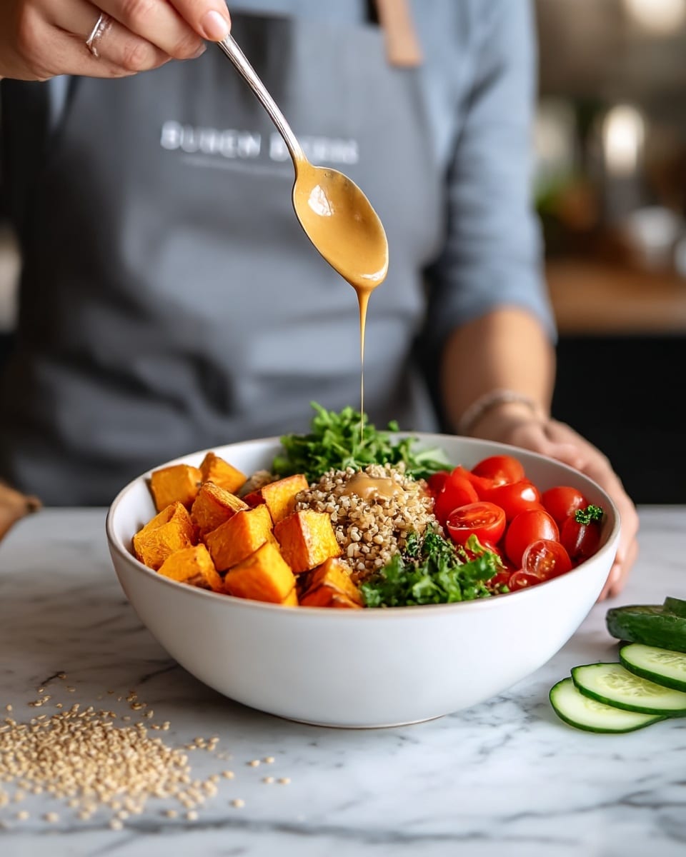 A white bowl holds a colorful salad with four layers: cubed orange roasted sweet potatoes on the left, a pile of light brown grains in the middle, bright red cherry tomatoes to the right, and green leafy parsley with a slice of light green cucumber in the back right. Above the bowl, a woman's hand holds a spoon dropping thick, light brown sauce onto the grains. The bowl sits on a white marbled surface with some grains scattered nearby. In the background, a person in a gray apron is visible but out of focus. photo taken with an iphone --ar 4:5 --v 7