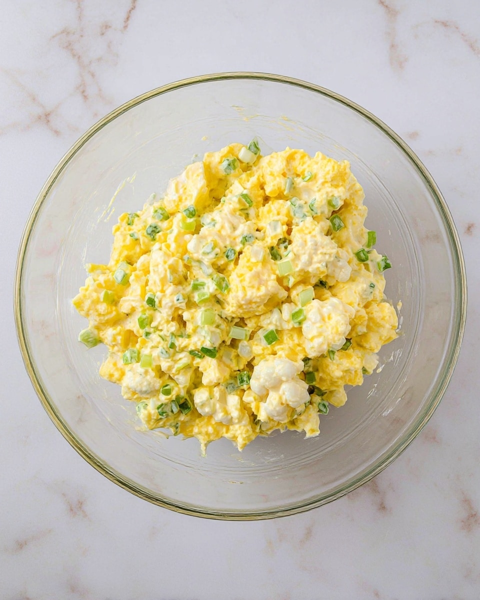 The image shows a clear glass bowl filled with a creamy salad mix on a white marbled surface. The salad has chopped yellow pieces that look like eggs or potatoes, small green chunks likely green onions, and finely diced white bits that may be cauliflower or another vegetable. The dressing is pale yellow and coats the ingredients evenly, giving the dish a soft, creamy texture. The salad fills about half of the bowl, and the bowl is centered in the image. Photo taken with an iphone --ar 4:5 --v 7