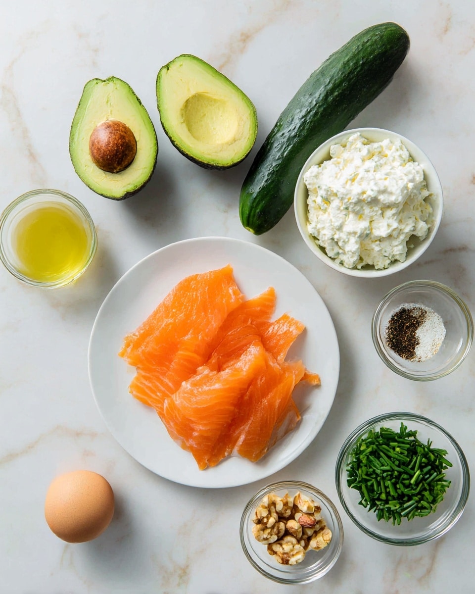 The image shows ingredients arranged neatly on a white marbled surface, including two halves of a ripe green avocado with seed visible in one half, a whole dark green cucumber, a bowl of white cottage cheese, an uncracked brown egg, a small glass bowl of olive oil, a white plate with several thin slices of bright orange smoked salmon laid flat, and three small glass bowls containing chopped nuts, vibrant green chopped chives, and ground black pepper. The composition is clean and bright. Photo taken with an iphone --ar 4:5 --v 7