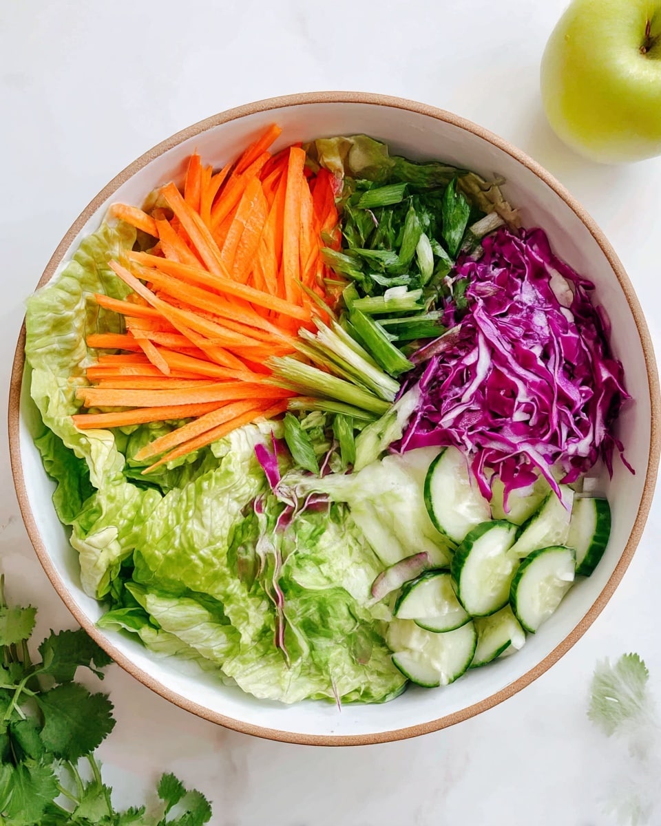 A white ceramic bowl with a light brown rim is filled with a fresh salad arranged in separate sections. The bottom layer is a base of green leafy lettuce, covering the whole bowl. On top of the lettuce, there are four distinct layers: bright orange thin carrot sticks on the left, dark green sliced spring onions above the carrots, vibrant purple shredded cabbage on the top right, and fresh light green cucumber slices on the bottom right. The bowl is placed on a white marbled surface with a light green apple visible near the top right side and some fresh cilantro at the bottom left corner. Photo taken with an iphone --ar 4:5 --v 7