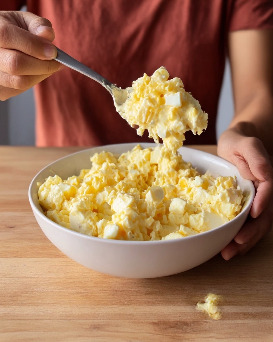 A white bowl filled with a chunky, mixed egg salad that shows small square pieces of both egg white and yellow yolk. The egg salad looks creamy and has a rough texture with bits sticking together, all piled loosely in the bowl. A woman's hand is holding a spoon lifting a large scoop of the egg salad, while another woman's hand holds the bowl steady. The scene is set on a plain wooden surface with a person in a muted reddish-brown shirt partially visible behind the bowl. Photo taken with an iphone --ar 4:5 --v 7
