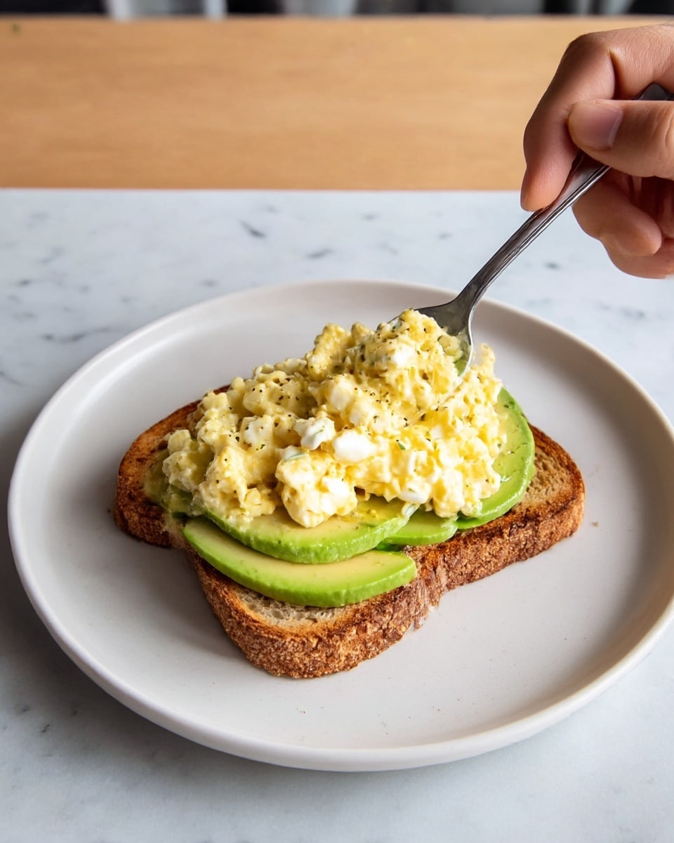 A slice of toasted bread forms the base layer, showing a crunchy golden-brown texture. On top of the toast, there is a layer of sliced avocado, displaying a smooth bright green color with slightly curved edges. Above the avocado, a thick layer of egg salad is spread evenly, composed of soft, light yellow chunks mixed with white bits, giving a creamy and textured look. A woman's hand is holding a spoon, spreading the egg salad gently. The toast sits on a plain white plate placed on a surface with a white marbled texture. photo taken with an iphone --ar 4:5 --v 7
