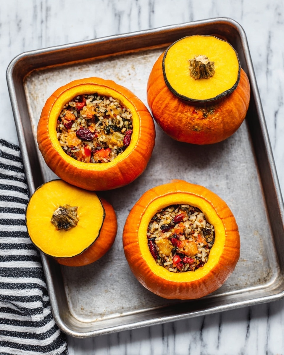 The image shows three hollowed-out orange pumpkins sitting on a metal baking tray over a white marbled surface. Each pumpkin is filled with a mix of cooked rice or similar grains combined with diced vegetables, including visible small red and dark pieces, creating a textured, colorful filling. The tops of the pumpkins, with yellow inside and smooth orange outside, are placed beside each pumpkin on the tray. A black and white striped cloth is visible on the left side of the tray. Photo taken with an iphone --ar 4:5 --v 7