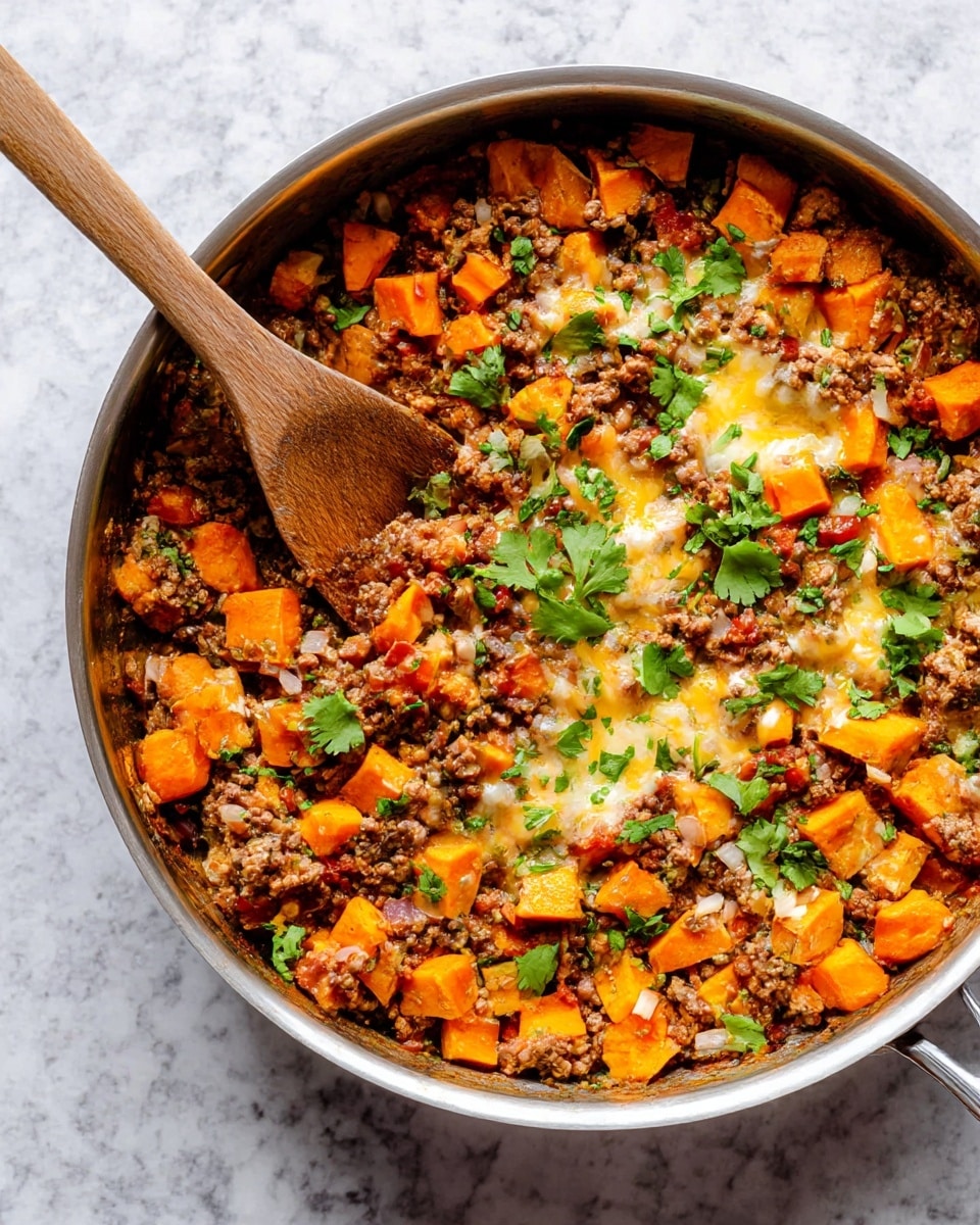 A large silver pan filled with a cooked mix of browned ground meat and orange cubes of sweet potato, spread evenly throughout. Small bits of cooked tomato and onion add red and white specks inside the mixture. Melted yellow and white cheese is softly spread in patches on top of the meat and sweet potatoes. Green cilantro leaves are scattered on the surface, adding fresh color contrasts. A wooden spoon rests inside the pan on the left side. The pan is placed on a white marbled surface. photo taken with an iphone --ar 4:5 --v 7