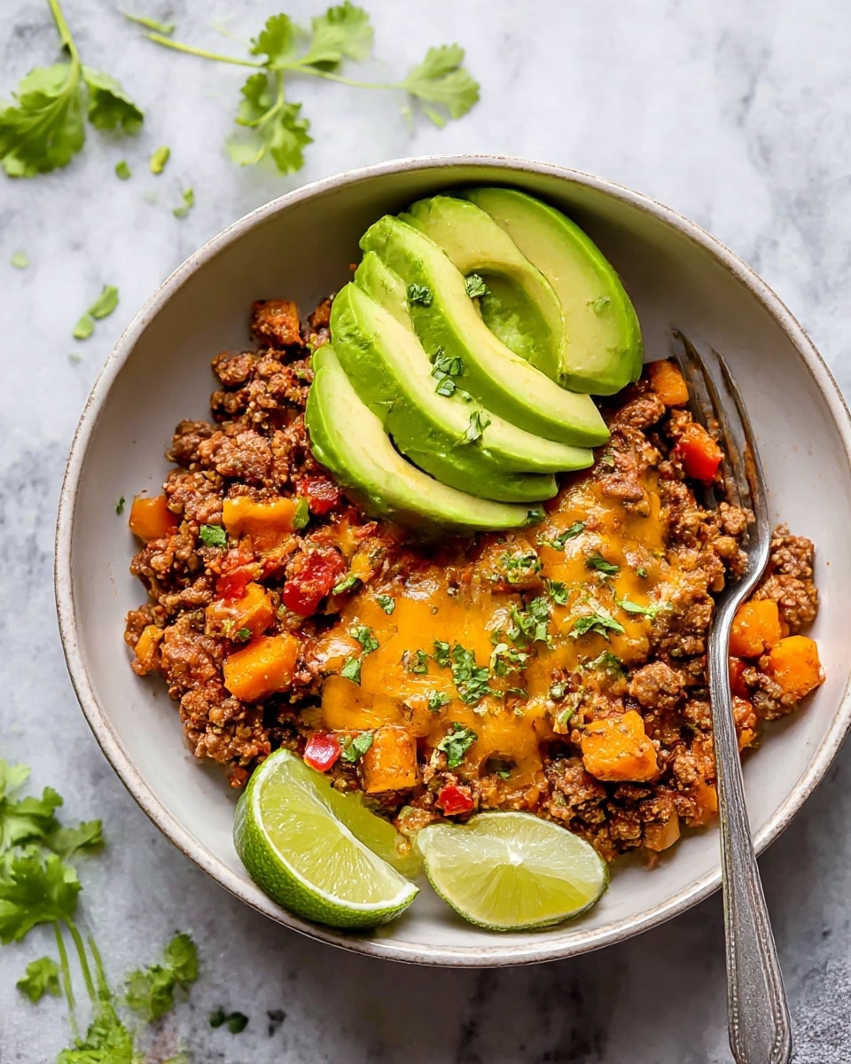 A white bowl filled with three layers: the bottom layer is a mix of ground meat cooked with diced orange vegetables and red pieces that look like tomatoes, topped with melted yellow cheese and small green herb leaves scattered on top. On the left side of the bowl, five slices of bright green avocado are neatly placed in a fan shape. At the front edge of the bowl lie two lime wedges showing the juicy inside. A silver fork rests on the right side inside the bowl. The bowl is set on a white marbled surface with a few green herb sprigs nearby. photo taken with an iphone --ar 4:5 --v 7