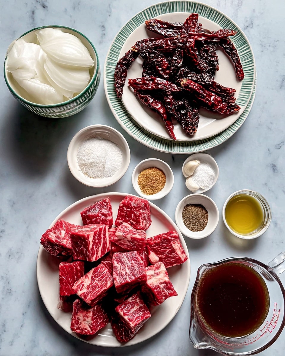 The image shows several ingredients on a white marbled surface arranged neatly. At the center bottom, a white plate holds many pieces of red beef chunks with white marbling. Above it, another white plate contains dark dried chilies and smaller red dried chilies. To the left, a white bowl with green stripes contains large white onion pieces. Small round bowls hold three garlic cloves, white flour, black pepper, salt, mixed brown spices, and a small bowl of yellow oil. At the bottom right, a clear glass measuring cup is filled with dark brown broth. All the ingredients are alone and evenly spaced, creating a clean layout. Photo taken with an iphone --ar 4:5 --v 7