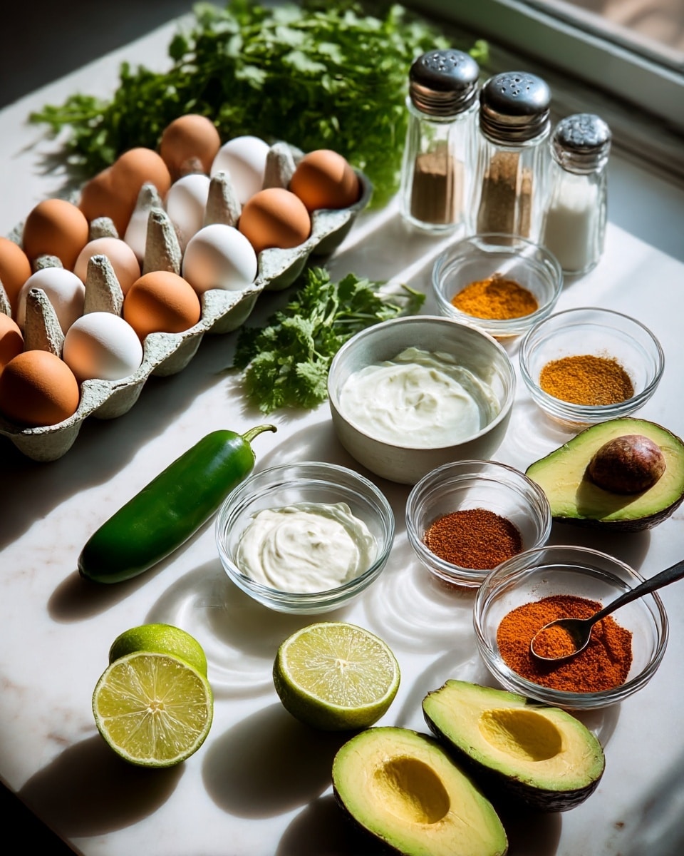 The image shows a kitchen counter with many ingredients neatly arranged on a white marbled surface. On the left, there is a carton holding twelve brown and white eggs in two rows. In front of the eggs, a fresh green jalapeño is placed near two halves of a bright green lime, one half showing its juicy inside. Next to the lime, a small clear glass bowl holds smooth white sour cream. To the right, two halves of a ripe avocado sit with one half showing the dark brown seed and the other half empty, revealing the light green smooth flesh inside. Near the avocados, four small clear glass bowls are filled with various ground spices in brown, orange, and red colors, with one more ceramic bowl in light gray holding a reddish spice with a small spoon inside. There is a bunch of fresh green cilantro near a second lime and behind it three glass salt and pepper shakers are placed in a row. Natural light comes through a window above, casting soft shadows on the neatly arranged ingredients. Photo taken with an iphone --ar 4:5 --v 7