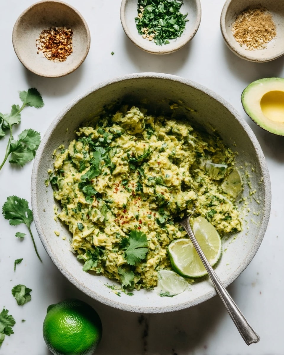 A bowl with three layers of mashed avocado mixed with herbs and spices, showing a rough chunky texture with green and light yellow tones. The bowl is light gray and rough-textured, and inside the mixture, there are fresh cilantro leaves scattered on top. To one side inside the bowl, three lime wedges with bright green skin and pale green fruit are nestled. A silver spoon with a long handle is placed resting inside the bowl, slightly sinking into the avocado mash. Around the bowl are loose cilantro sprigs, a cut avocado with yellow-green flesh on one side, and a round bright green lime on a white marbled surface. At the top edges of the image, two small bowls sit with seeds or spice and chopped herbs in them. Photo taken with an iphone --ar 4:5 --v 7