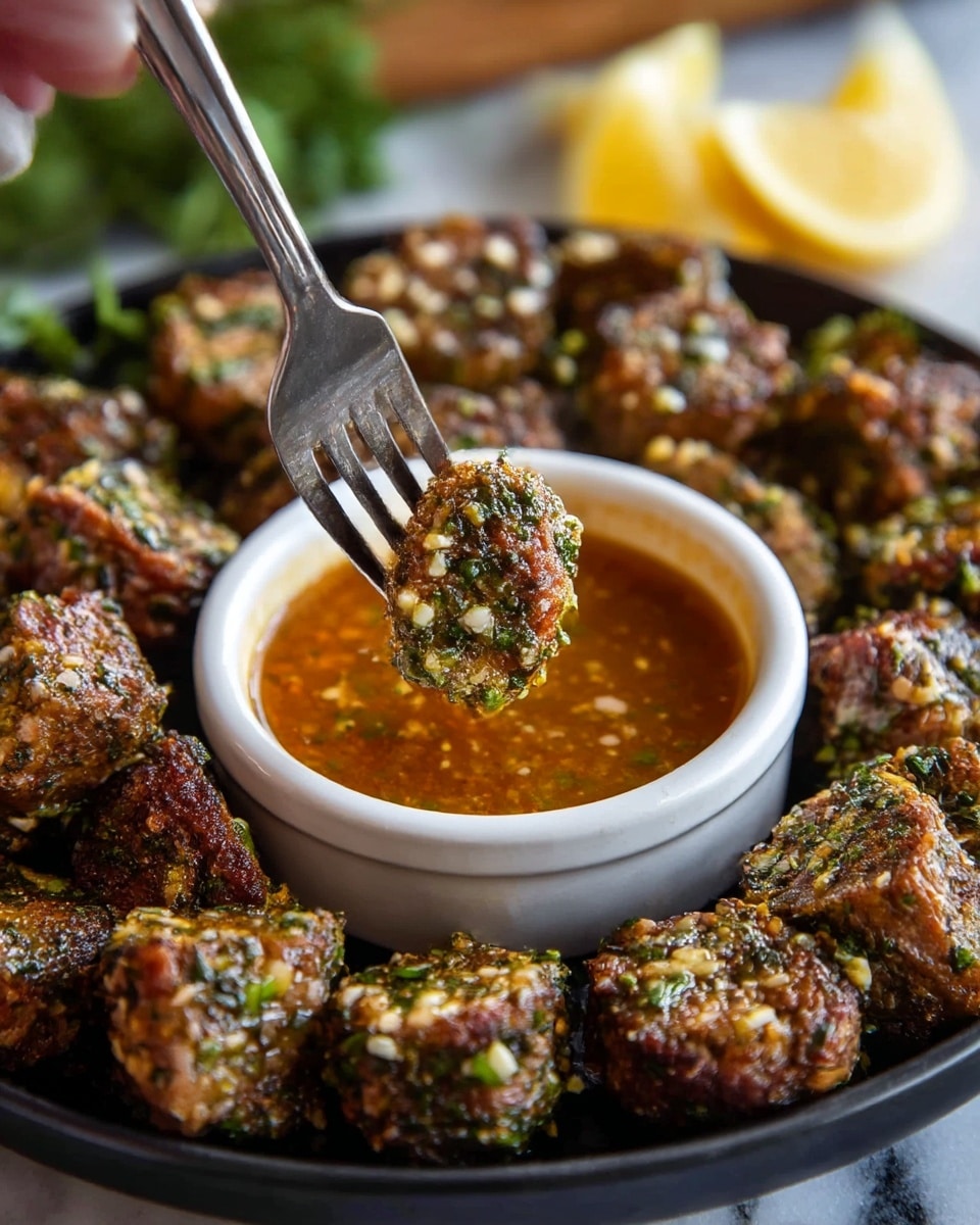 The image shows a close-up view of bite-sized pieces of cooked meat coated with a mix of green herbs and white minced garlic, arranged around a small white bowl filled with an orange-brown dipping sauce. A fork held by a woman's hand is dipping one piece of the meat into the sauce. The meat pieces have a textured, slightly crispy outside and juicy inside, forming a circle around the bowl on a black plate, set on a surface with a white marbled texture. The background includes blurred lemon wedges and some green herbs. photo taken with an iphone --ar 4:5 --v 7