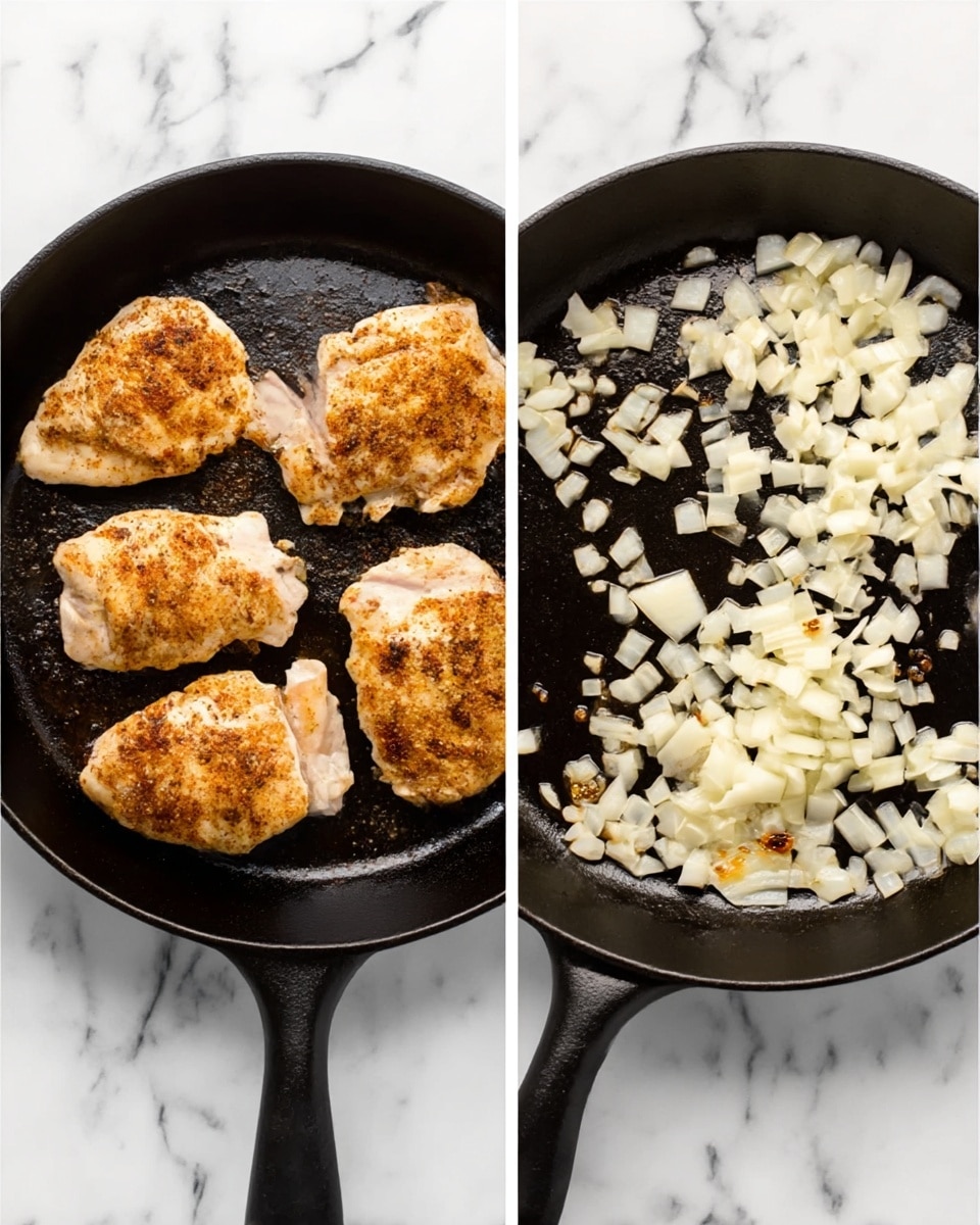 The image shows two side-by-side views of a black cast iron pan on a white marbled surface. On the left side, the pan holds four seasoned, cooked chicken pieces with a golden brown color and slightly crispy texture, spread out evenly. On the right side, the same pan is filled with small, white chopped onion pieces scattered across the surface, some showing slight browning from cooking. The pan has a smooth black interior, and the handle extends towards the bottom left. photo taken with an iphone --ar 4:5 --v 7
