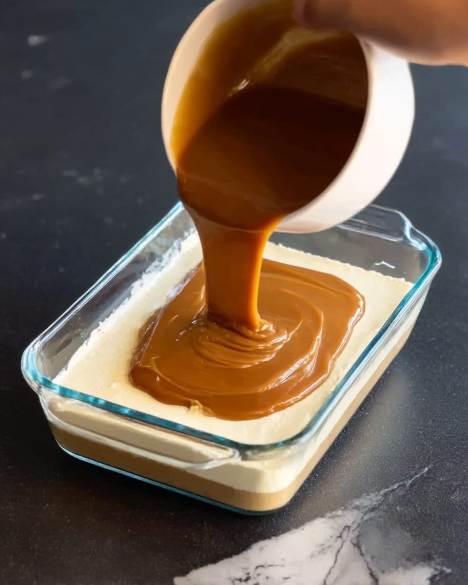 A clear rectangular glass dish sits on a dark surface with a white marbled texture. Inside the dish, there are two visible layers: the bottom layer is thick and creamy white, smooth and even across the base. Over this, a thick caramel-brown sauce is being poured from a white bowl held by a woman's hand into the dish, spreading across the top layer in a shiny, smooth texture that covers the white layer below. Photo taken with an iphone --ar 4:5 --v 7