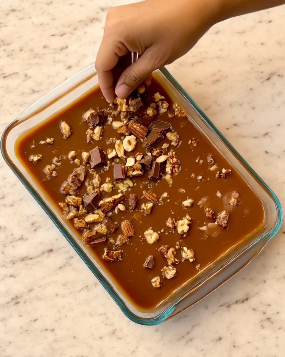 A rectangular glass dish filled with a smooth, thick caramel layer covering the entire bottom. On top of the caramel, there are small, uneven chunks of nuts and chocolate pieces scattered mostly in clusters across the surface. A woman's hand is visible in the upper left corner, placing some of the nut and chocolate pieces onto the caramel. The dish is set on a white marbled surface. photo taken with an iphone --ar 4:5 --v 7
