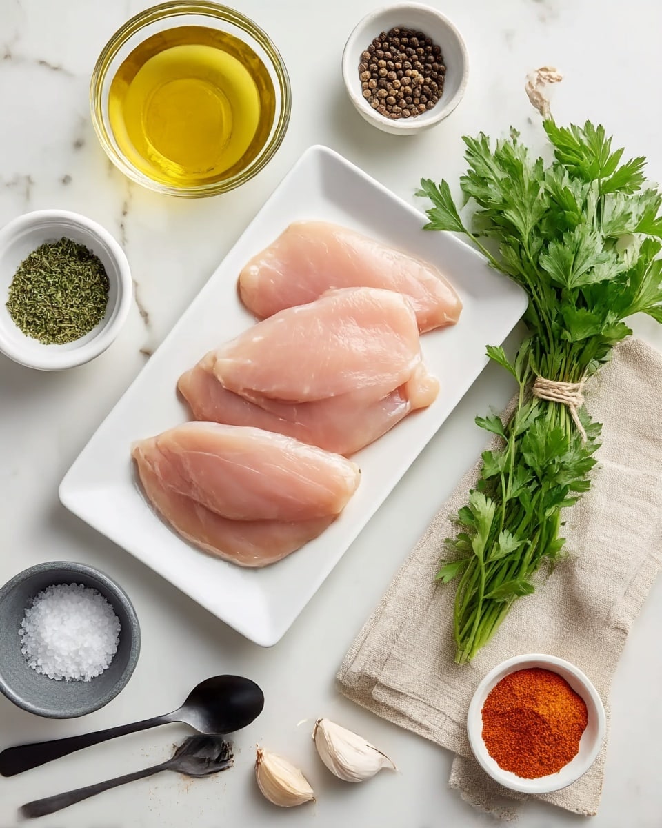The image shows a white rectangular plate at the center with three raw, pale pink chicken fillets stacked slightly overlapping. On the plate, near the fillets, there is a small white bowl filled with green dried herbs. Around the plate, on a white marbled surface, there are several small bowls and utensils: a glass bowl with yellow olive oil at the top, a small white bowl with black peppercorns to the right, a small dark gray bowl with coarse white salt to the left, and a small white bowl with bright orange-red paprika powder at the bottom. Two spoons, one black and one silver, lie near the salt bowl. To the right side of the plate, there is a bunch of fresh green parsley tied with a thin string, placed on top of a beige cloth napkin. Two garlic cloves are near the parsley. The background is a clean white marbled texture. photo taken with an iphone --ar 4:5 --v 7