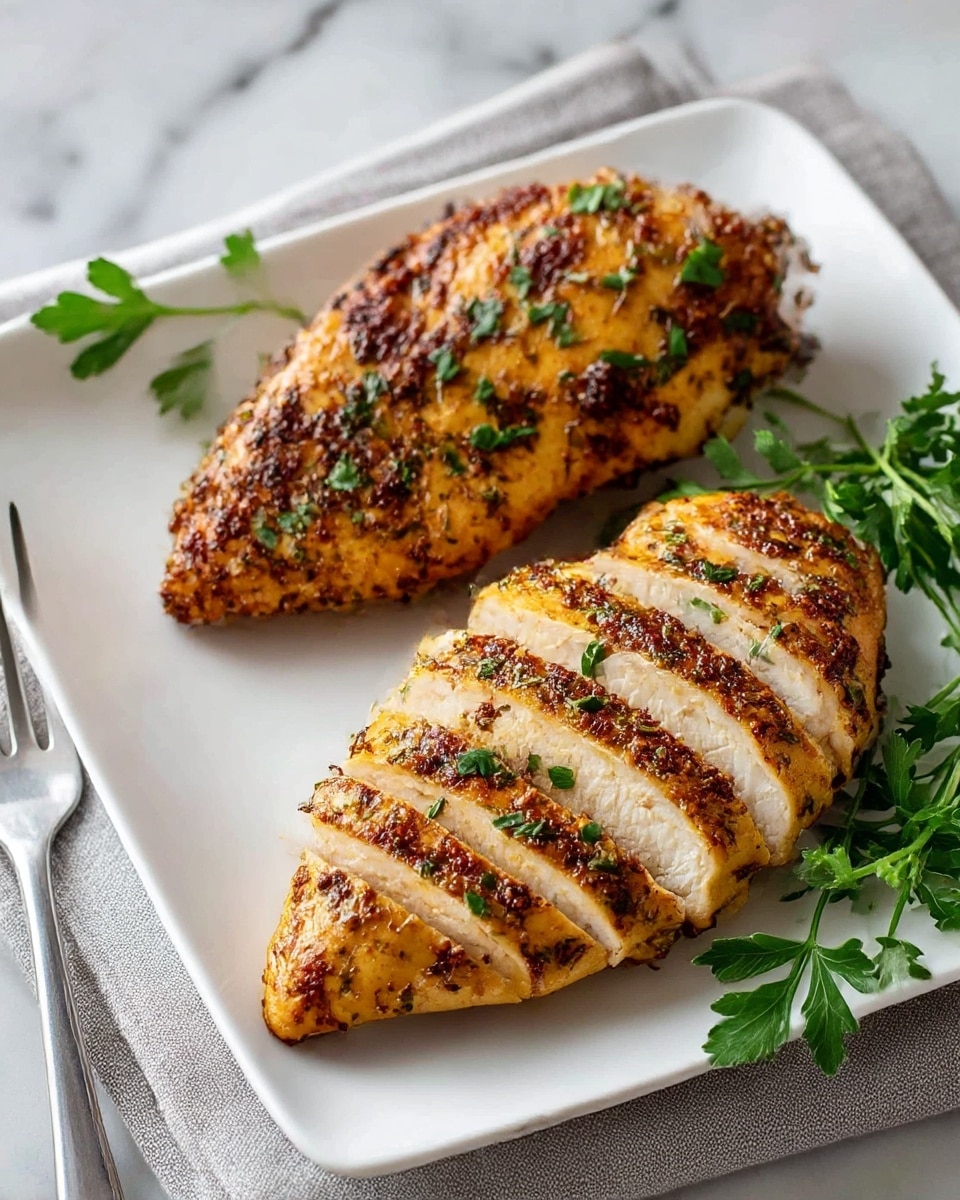A white square plate holds two pieces of cooked chicken placed side by side; the front piece is sliced into several thick strips revealing juicy, white meat inside with a golden brown, slightly crispy outside seasoned with herbs and spices, topped with small green parsley bits. The rear piece is whole and similarly seasoned. Fresh green parsley sprigs lie beside the chicken. The plate rests on a light gray cloth with a white marbled surface underneath. A silver fork sits at the bottom left corner of the image. photo taken with an iphone --ar 4:5 --v 7