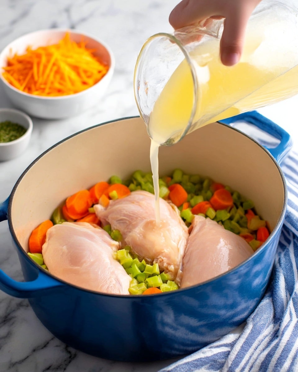 A blue pot holds a base layer of chopped green celery and bright orange carrot slices, topped with three large, raw pale pink chicken pieces placed side by side. A clear glass jug pouring a light yellow broth over the chicken is visible, with a striped blue and white cloth beside the pot. In the background, a small white bowl filled with orange shredded cheese and another small white bowl with green herbs sit on a white marbled surface. photo taken with an iphone --ar 4:5 --v 7