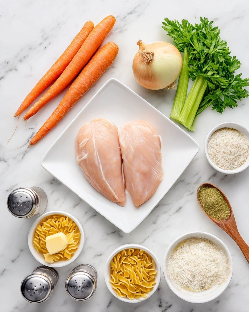 A white square plate holds two raw light pink chicken breasts in the center, surrounded by fresh vegetables and cooking ingredients all on a white marbled surface. Above the plate are two bright orange carrots, a light green celery stalk, a round pale brown onion, and a bunch of vibrant green parsley. Below the plate are small white bowls filled with yellow butter, uncooked curly egg noodles, a light yellow liquid, and a creamy pale yellow sauce. To the right of the plate is a small white bowl with white flour and a wooden spoon with a greenish-yellow powder. In front of the plate are silver salt and pepper shakers. The image is bright and clean. photo taken with an iphone --ar 4:5 --v 7
