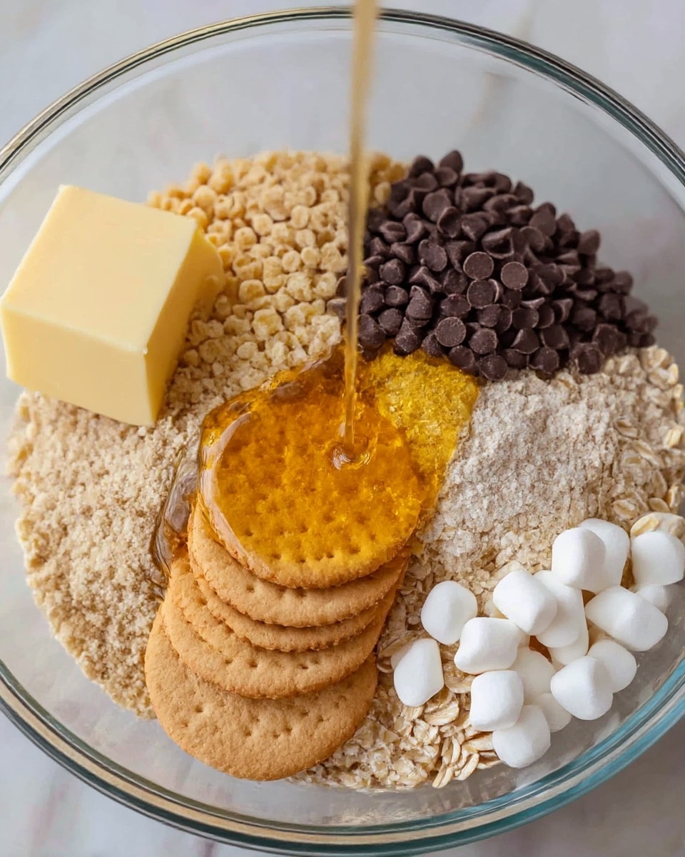 A clear glass bowl holds eight layers of ingredients arranged neatly in sections. Starting clockwise, there is a light brown crispy rice cereal, followed by small dark brown chocolate chips. Next to the chips is a golden syrup pool being poured in, with a soft yellow square of butter beside it. White mini marshmallows are next to the butter, resting on light beige rolled oats. Near the bottom right, there are two round light brown brown sugar discs and a pile of light brown dry oats or crushed cereal beside them. The bowl is placed on a white marbled surface. Photo taken with an iphone --ar 4:5 --v 7