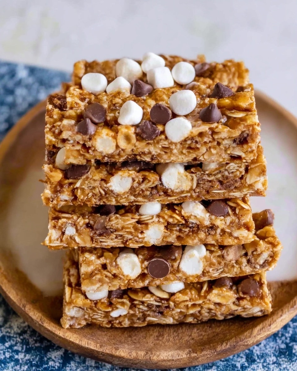 The image shows five granola bars stacked on a round white plate. Each bar has a rough texture with visible layers of oats, small marshmallows, and chocolate chips spread evenly throughout. The bars are a light golden brown color with a sticky shine, highlighting the oats and small crumbly bits. The plate rests on a white marbled surface with a dark woven textured mat visible beneath it. Photo taken with an iphone --ar 4:5 --v 7