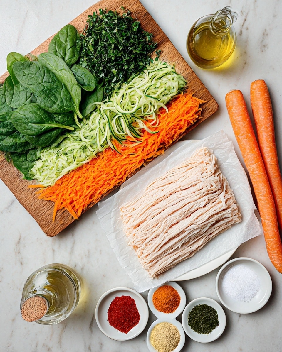 The image shows fresh cooking ingredients arranged on a white marbled surface. On the left, a wooden board holds a layer of fresh green spinach leaves on the top, a pile of finely chopped spinach below, then a thick layer of light green shredded zucchini, and at the bottom, a large pile of bright orange shredded carrots. A whole carrot and part of a zucchini rest next to the board, along with a metal grater. To the right, a white plate with crumpled white parchment paper holds a slab of light pink ground meat with visible ridges. Nearby, a small clear glass bottle filled with golden yellow oil stands behind the plate. In front of the plate, a small white round dish displays four spices arranged in a circle: reddish paprika, light beige garlic powder, off-white breadcrumb powder, and green dried herbs. Two small white dishes hold salt and black pepper near the spices. Photo taken with an iphone --ar 4:5 --v 7