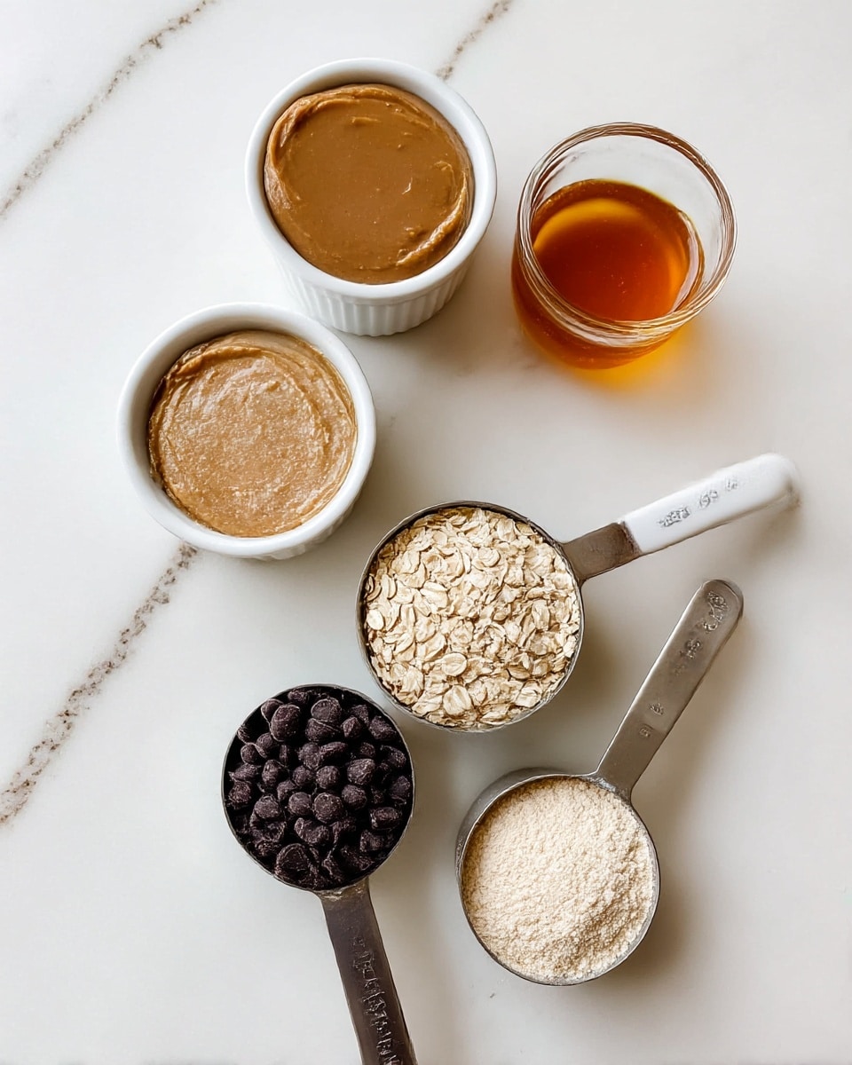The image shows five containers with different ingredients placed on a white marbled surface. In the top left, there is a white ramekin filled with smooth brown peanut butter. To the right of it, there is a clear glass cup holding amber-colored honey. Below the peanut butter, another white ramekin contains pale beige oats. Next to the oats, there is a metal measuring cup with a white handle filled with dark brown chocolate chips. Lastly, a slightly smaller metal measuring cup with a white handle holds light beige powder, possibly flour or protein powder. All items are arranged closely together, viewed from above, photo taken with an iphone --ar 4:5 --v 7