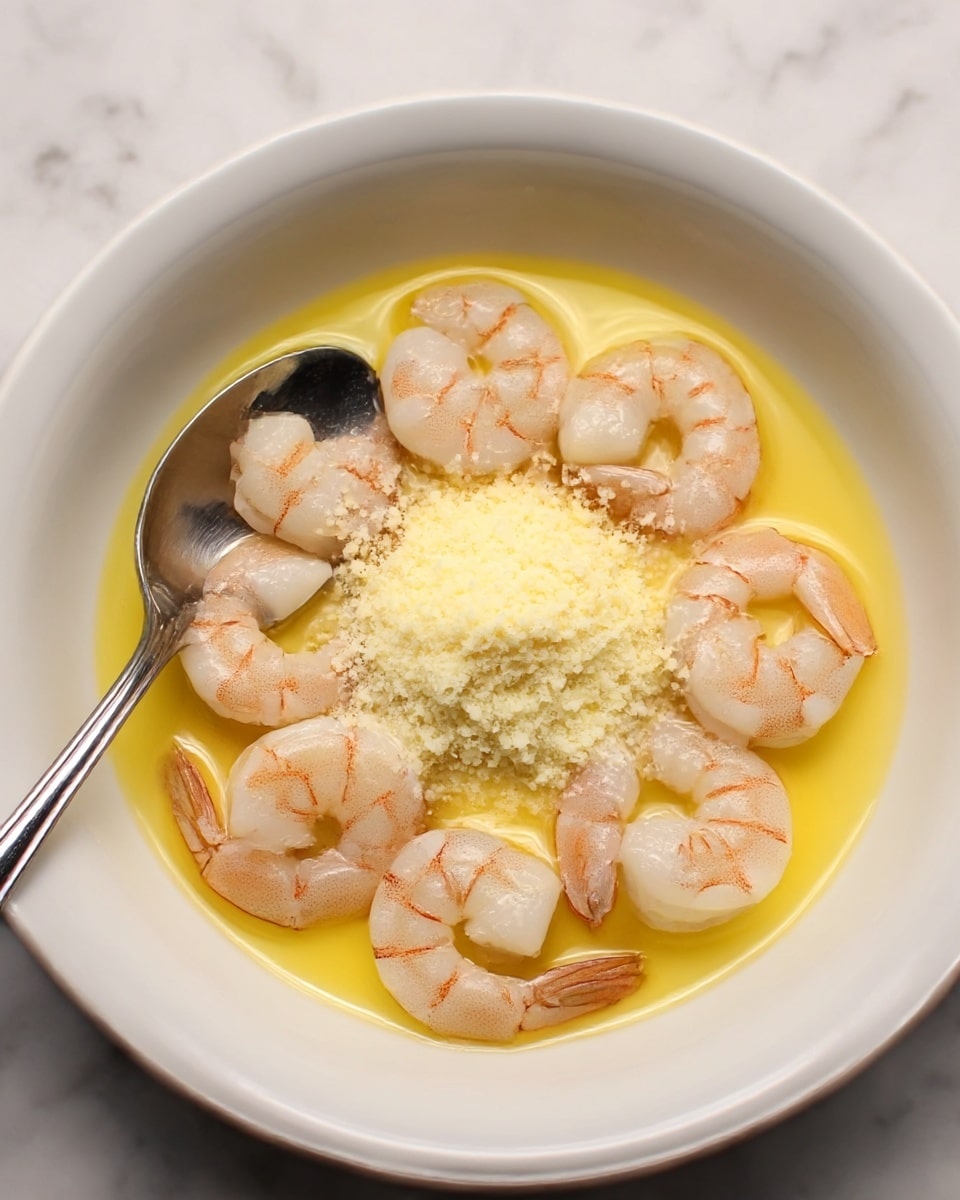 In a white bowl, there are seven shrimp arranged in a circle near the center. The shrimp are light pink with some visible pattern lines on them. Inside the circle of shrimp, there is a mound of pale yellow powdery cheese. The base layer in the bowl is a bright yellow liquid, possibly butter or sauce, which pools around the shrimp and cheese. A silver spoon rests on the left side of the bowl, partly in the liquid, touching some shrimp and cheese. The entire setup is placed on a white marbled surface. photo taken with an iphone --ar 4:5 --v 7