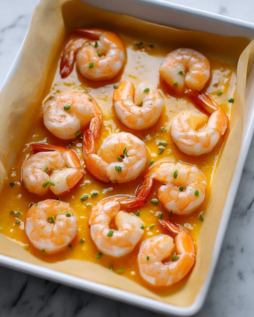 The image shows a close-up of a white baking pan lined with parchment paper filled with a single layer of orange-yellow sauce at the bottom. On top of the sauce are ten pink and white cooked shrimp, arranged in scattered neat rows with their tails facing outward. The shrimp surface is shiny and smooth, with small green herb leaves sprinkled evenly across the sauce and shrimp. The background surface around the pan has a white marbled texture. photo taken with an iphone --ar 4:5 --v 7