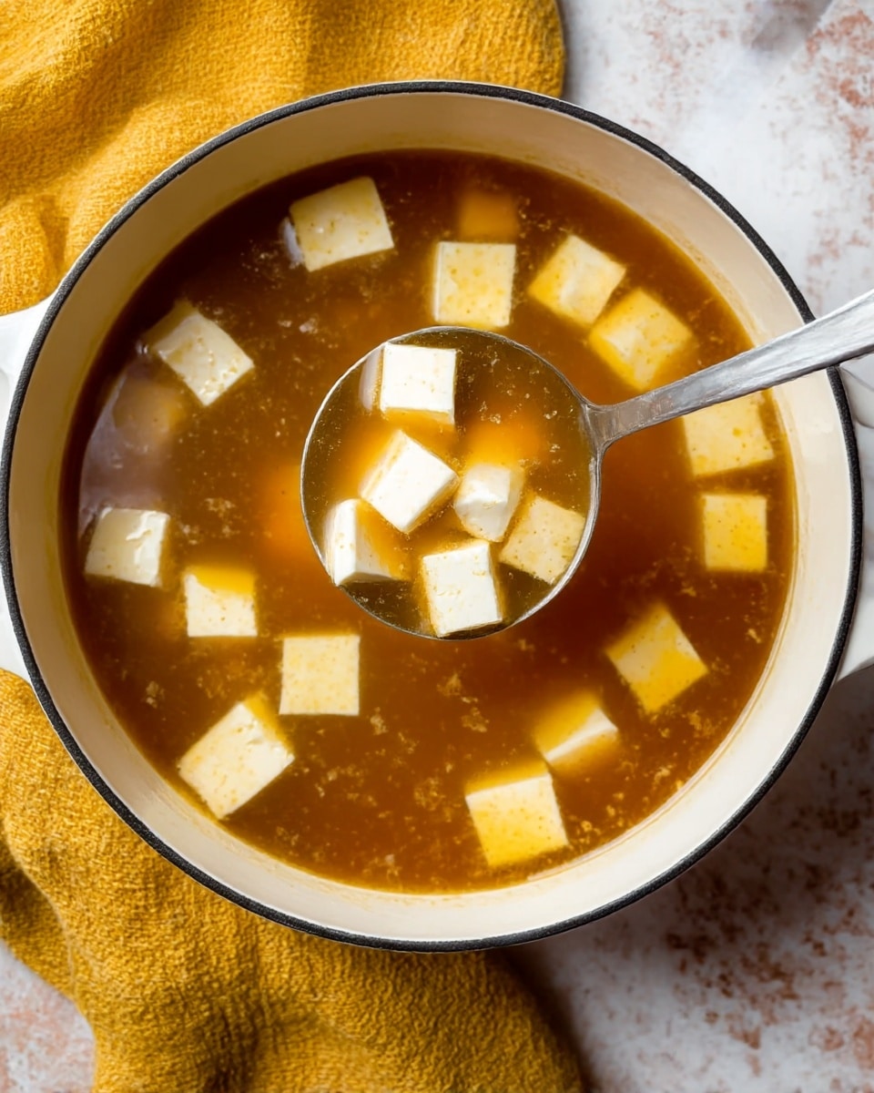 The image shows a white pot filled with a warm brown broth and many light yellow to white cubes floating on the surface, which look soft and smooth. A ladle is scooping up some of these cubes and broth from the pot. The pot rests on a textured yellow cloth laid over a white marbled surface. The broth has a clear, shiny texture with small bits floating in it, and the cubes are evenly cut into squares, spread evenly in the broth. photo taken with an iphone --ar 4:5 --v 7