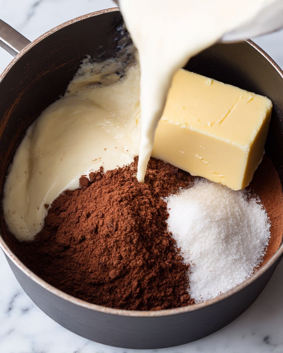 A black pot contains a mix of ingredients: a large block of light yellow butter at the bottom right, white granulated sugar piled at the right side, a mound of dark brown cocoa powder on the left next to the sugar, and thick white cream on the left side being poured from above, spreading across the cocoa and sugar. The textures show the butter solid and smooth, the sugar grainy, cocoa powder soft and powdery, and cream flowing. The pot rests on a white marbled surface. photo taken with an iphone --ar 4:5 --v 7