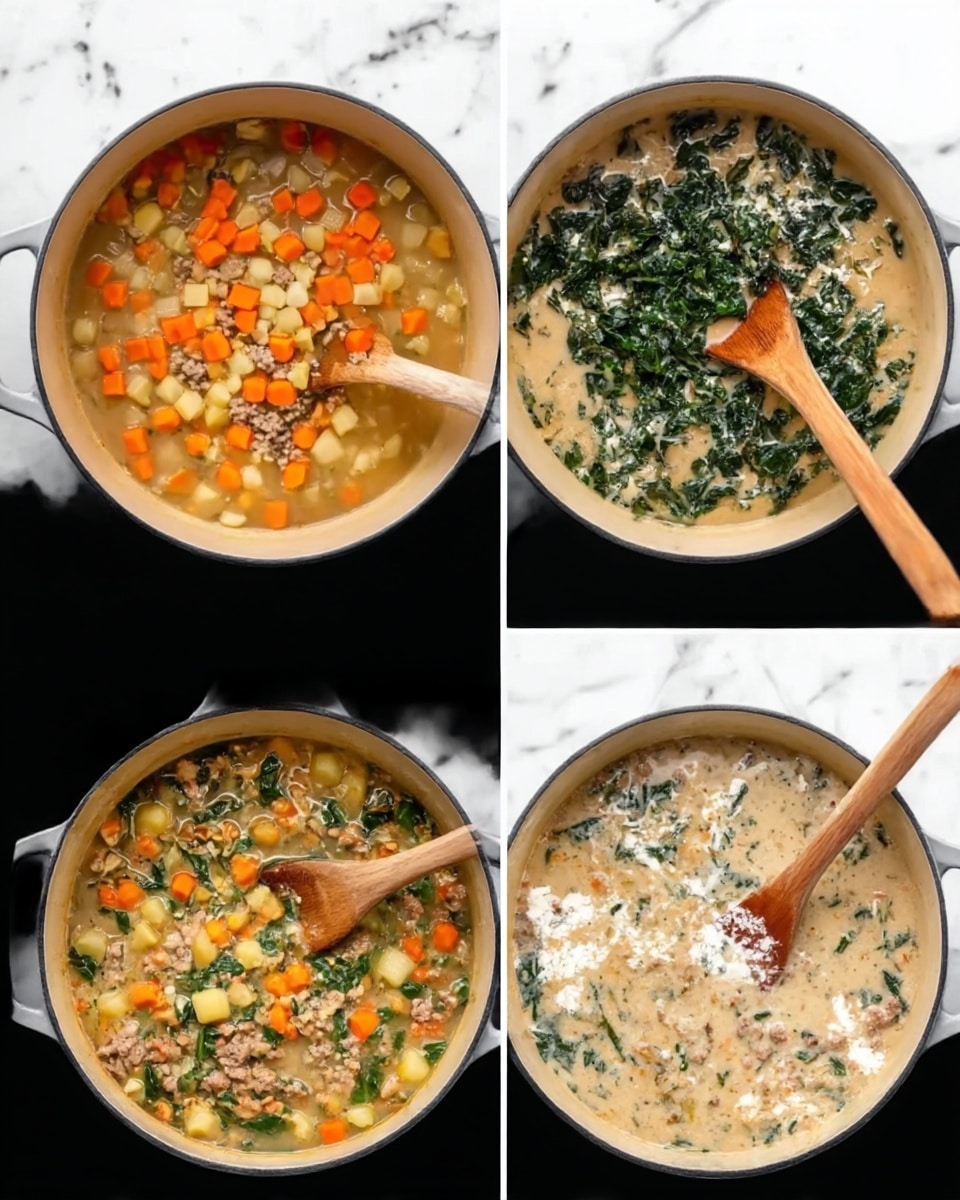 The first image shows a pot with a soup mixture containing small chunks of orange carrots, yellow potatoes, and ground meat in a light brown broth, being stirred with a wooden spoon. The second image shows the same pot with added dark green leafy vegetables and white cream mixed into the brown base, with the wooden spoon stirring on the right side. The third image shows the soup fully combined, creamy light beige with visible pieces of orange carrots, yellow potatoes, green leaves, and ground meat mixed evenly, and the wooden spoon resting inside. The pot is on a white marbled surface. Photo taken with an iphone --ar 4:5 --v 7