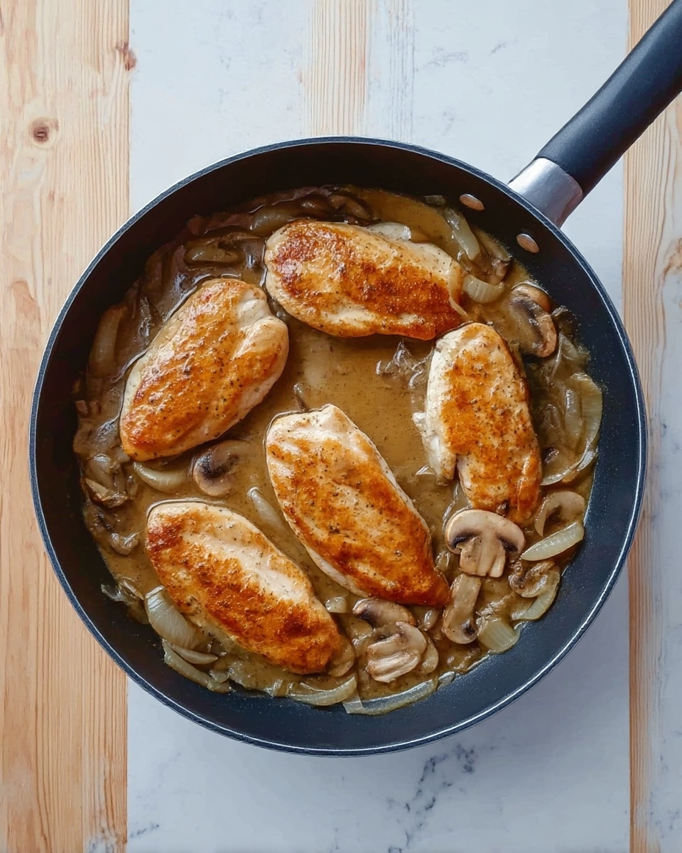 A black frying pan filled with four pieces of golden brown cooked chicken placed in a circular pattern, surrounded by sliced mushrooms and onions in a light brown sauce. The pan rests on a white marbled surface, highlighting the warm colors of the cooked ingredients. Photo taken with an iphone --ar 4:5 --v 7