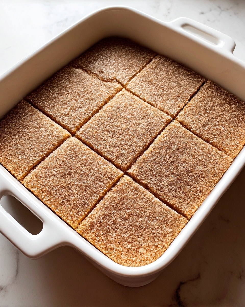 A square, light brown cake with a fine grainy texture on top is inside a white square baking dish with two handles on the sides, sitting on a white marbled surface. The cake has been scored with straight lines into nine equal squares. The surface of the cake looks soft but firm, evenly covered with a thin layer of granulated sugar or fine crumbs giving it a slightly rough look. The white baking dish contrasts with the warm brown color of the cake, and natural light highlights the texture on top. photo taken with an iphone --ar 4:5 --v 7
