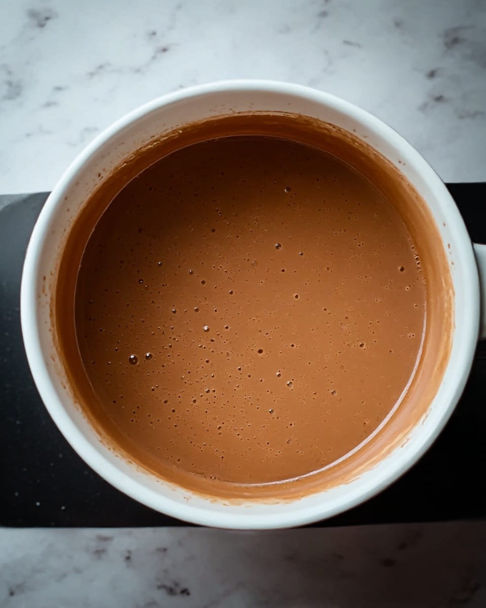 A close-up view of a white pot filled with one layer of smooth, light brown liquid, likely hot chocolate or chocolate sauce, with small bubbles scattered on the surface and a few light splashes on the inner sides of the pot. The pot is set on a black surface, but the background should be imagined as a white marbled texture. The liquid appears warm and evenly mixed, filling most of the pot's inside. photo taken with an iphone --ar 4:5 --v 7
